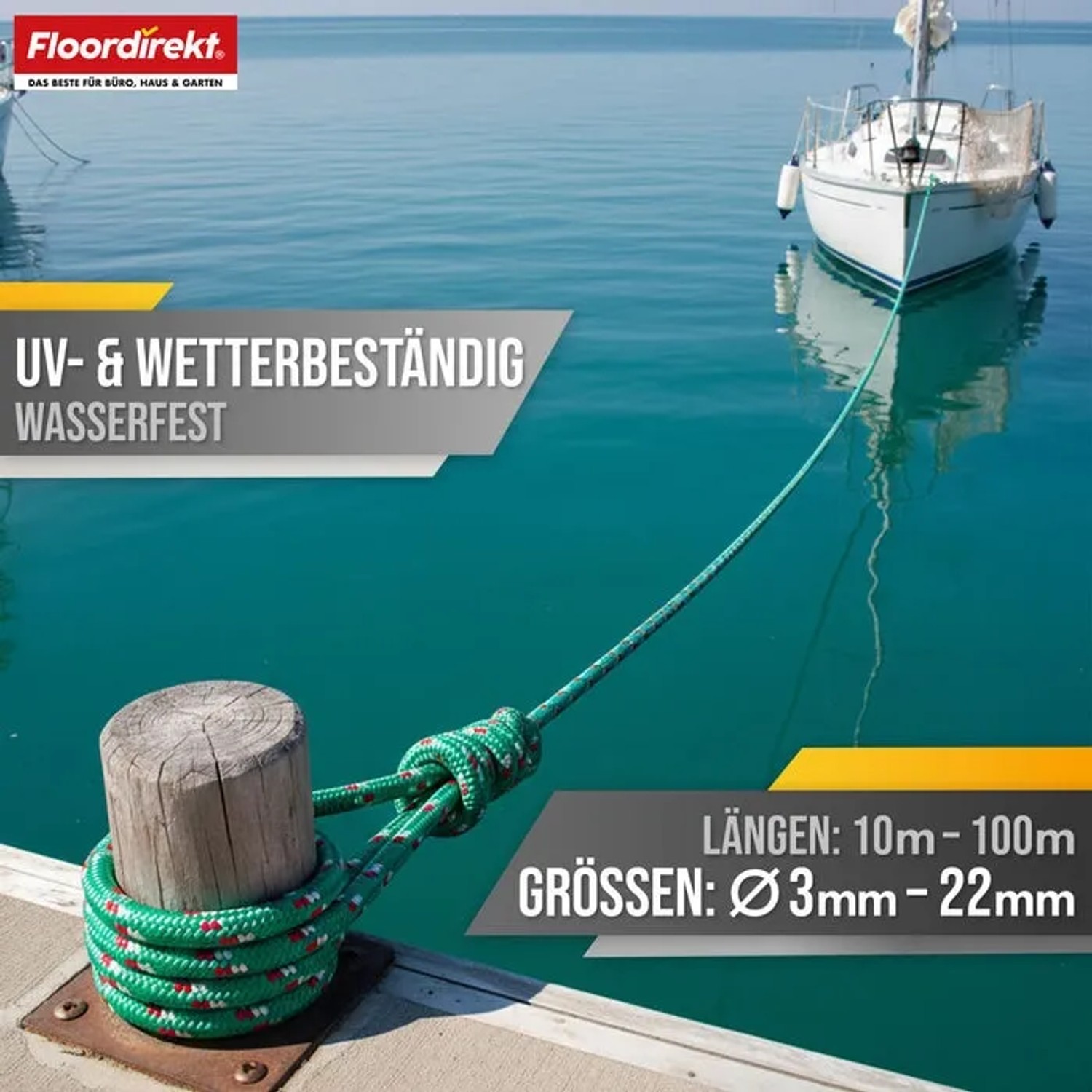Grün-rotes Polypropylen Seil (Ø 22mm, 10m) am Bootssteg befestigt.