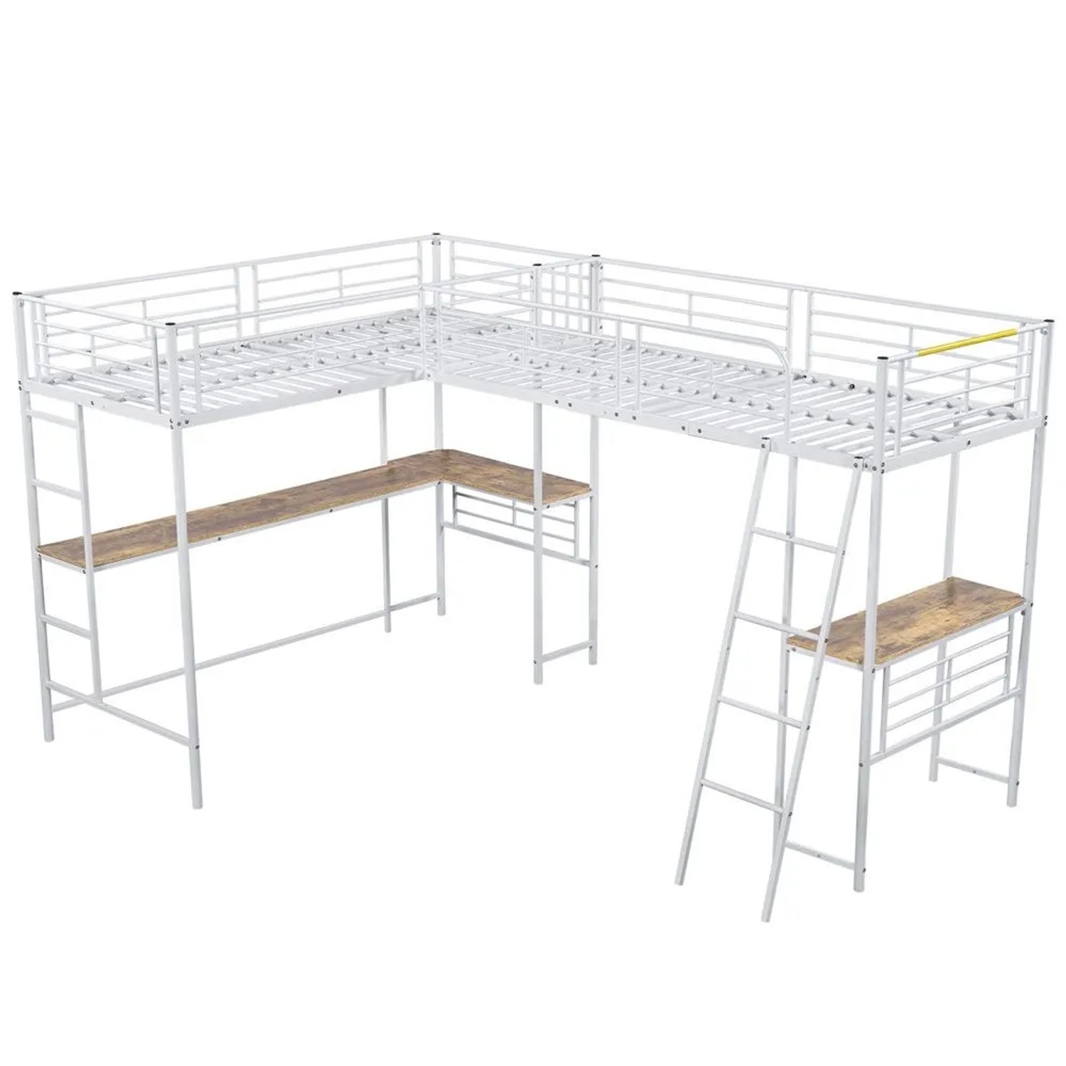 KOMHTOM Hochbett 90x200Cm Zwei Etagenbetten Tisch Unter Dem Bett Doppeltreppe Hohes Geländer Metall Weiß Ohne Matratze
