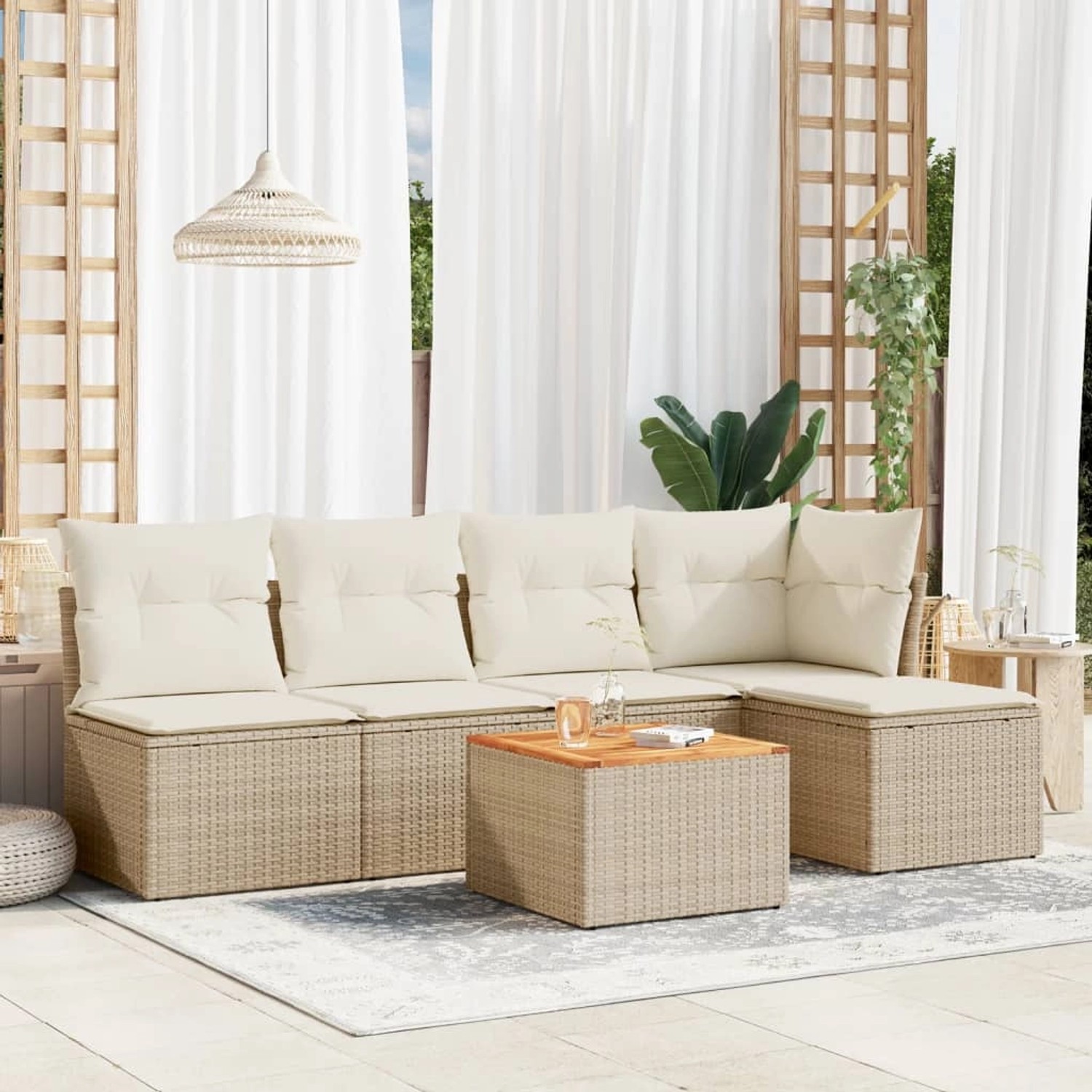 Beige 6-tlg. Garten-Sofagarnitur aus Rattan mit Kissen. Modulares Design für Terrasse und Garten.