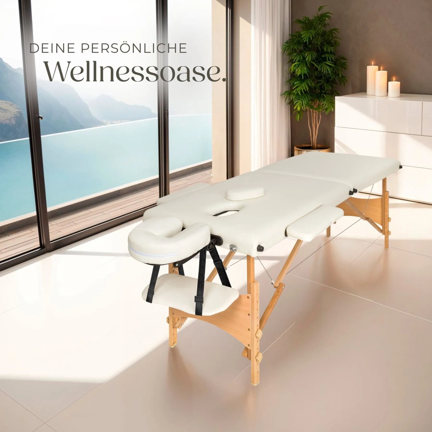 Beige Tectake Massageliege Freddi mit Holzgestell, 61 cm breit, inklusive Tragetasche.