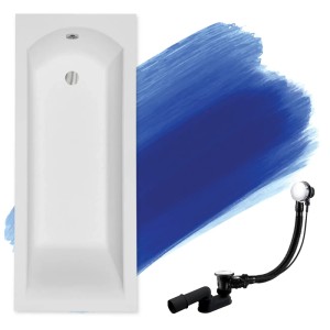 Weiße Rechteck-Badewanne SHEA 180x80 aus Acryl mit integriertem Ablauf und separatem Siphon-Set.