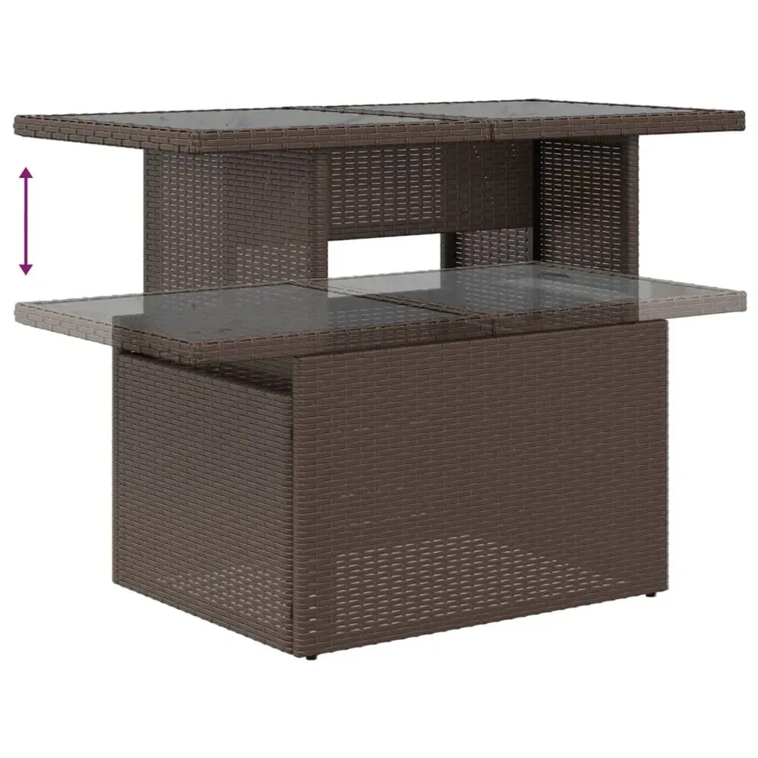 Verstellbarer Gartentisch aus braunem Rattan mit Glasplatte, Teil der vidaXL Garten-Sofagarnitur.