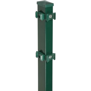 Grüner Eckzaunpfahl (120 cm) für Doppelstabmatten mit Klemmplättchen.
