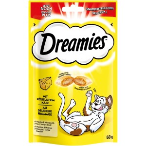 Dreamies Katzenleckerli mit Käse, 60g Packung. Knusprige Katzensnacks mit cremiger Füllung.