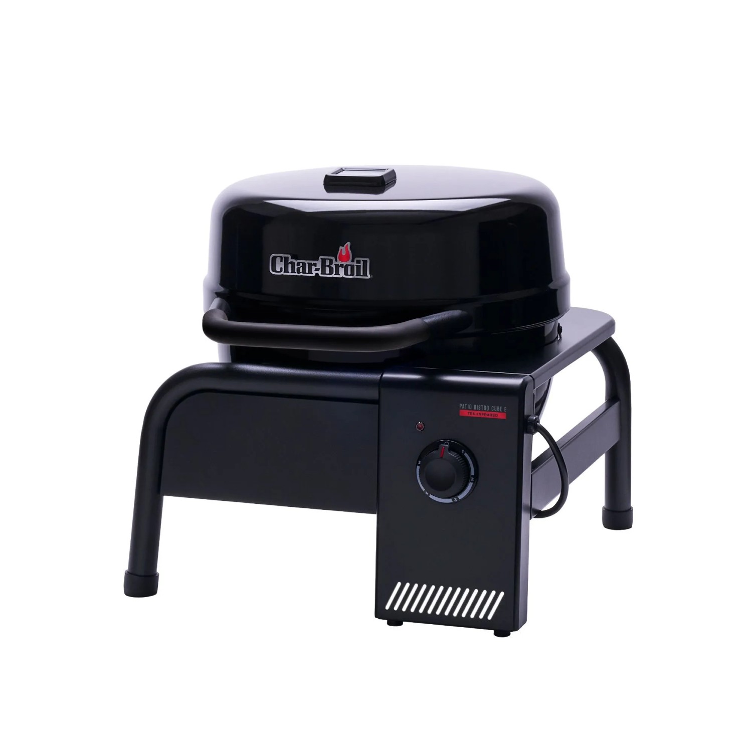 Schwarzer, mobiler Char-Broil Elektrogrill Patio Bistro Cube E mit Deckel und Temperaturregler.