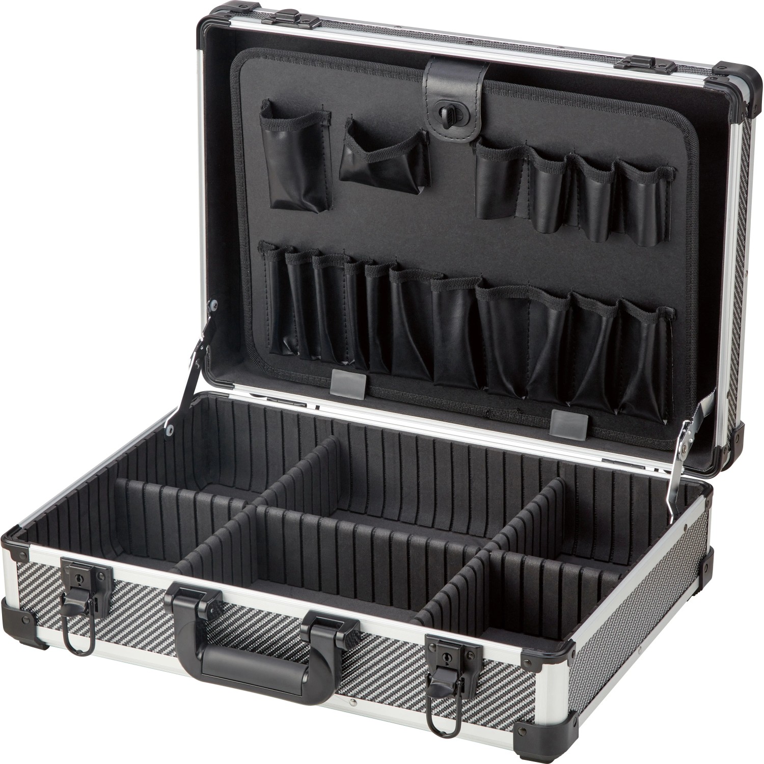 Offener LUX Aluminium Werkzeugkoffer mit Fächern und Werkzeugtaschen.