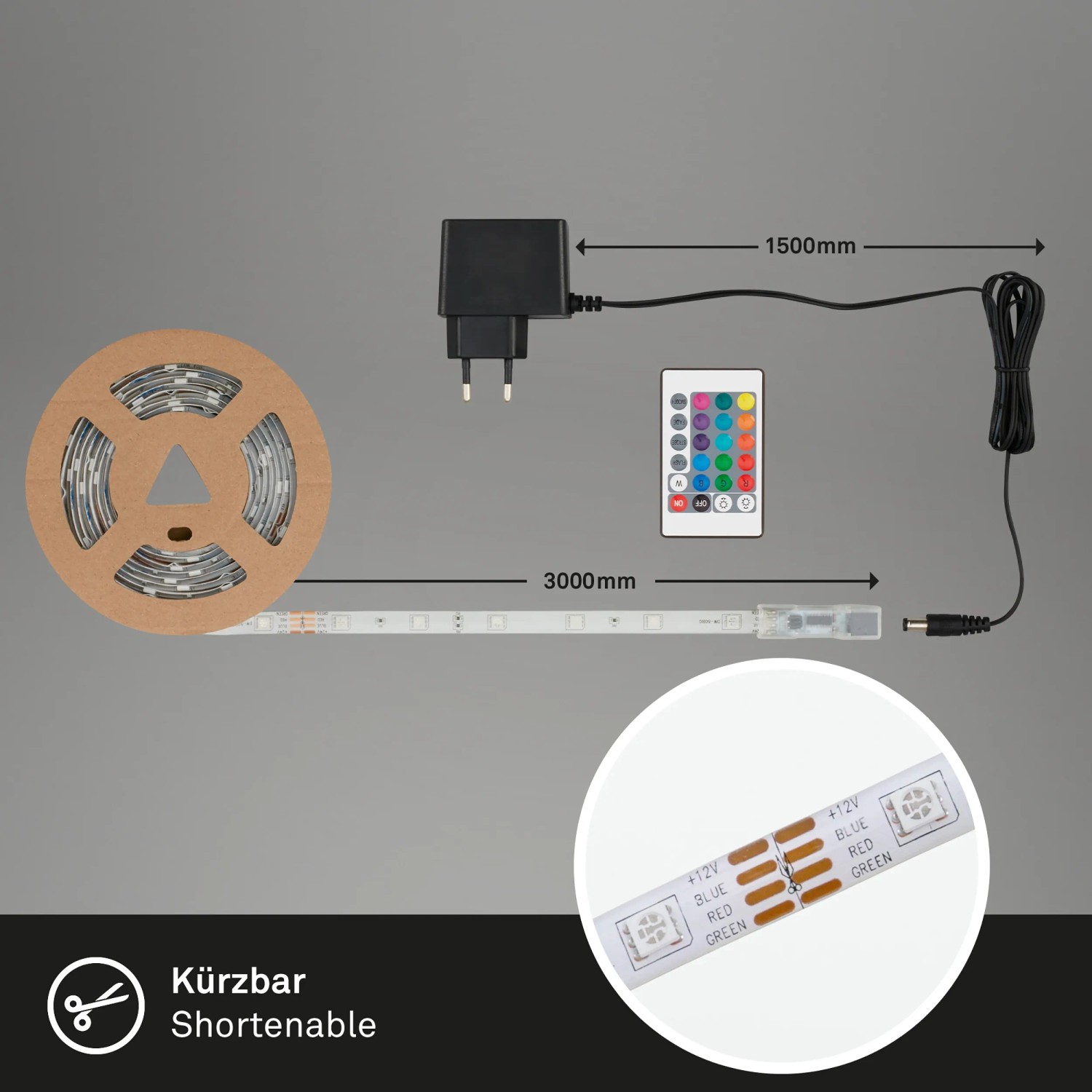 Briloner LED-Streifen Flexband 3m, selbstklebend, mehrfarbig, mit Fernbedienung und Zubehör.