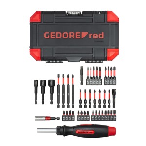 Gedore Red Umschaltknarre, 43-teilig, mit Bits, Adaptern und Knarren-Bitschraubendreher im Koffer.
