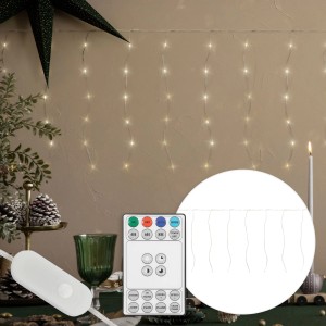 LED Lichtervorhang, 300cm breit, mit 120 warmweißen LEDs und Fernbedienung für 19 Modi & Timerfunktion.