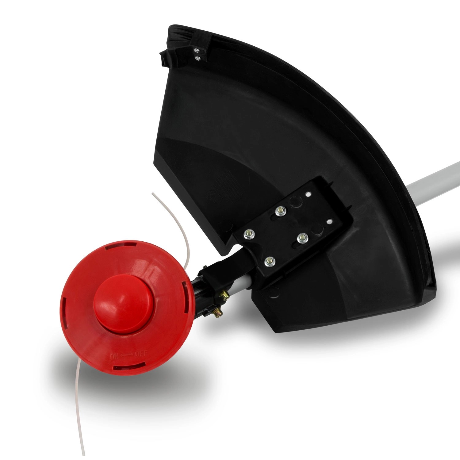 Detailaufnahme des Fadenkopfes einer EBERTH Benzin Motorsense. Rasentrimmer mit rotem Fadenkopf und schwarzem Schutz.