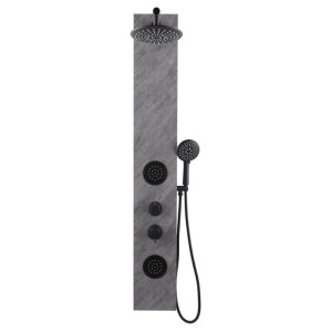 Schwarzes Duschpaneel Steindekor mit Rainshower, Handbrause, Hydromassage-Düsen. Moderne Duscharmatur.