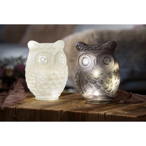 FlowerPower LED-Deko-Eule Nocuta in Grau und Weiß, dekorative Figuren mit warmem Licht.