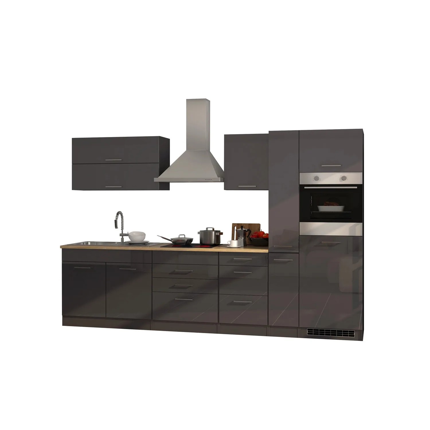 Moderne graue Küchenzeile Mailand 320 cm mit E-Geräten, Hochglanz- und Matt-Optik.