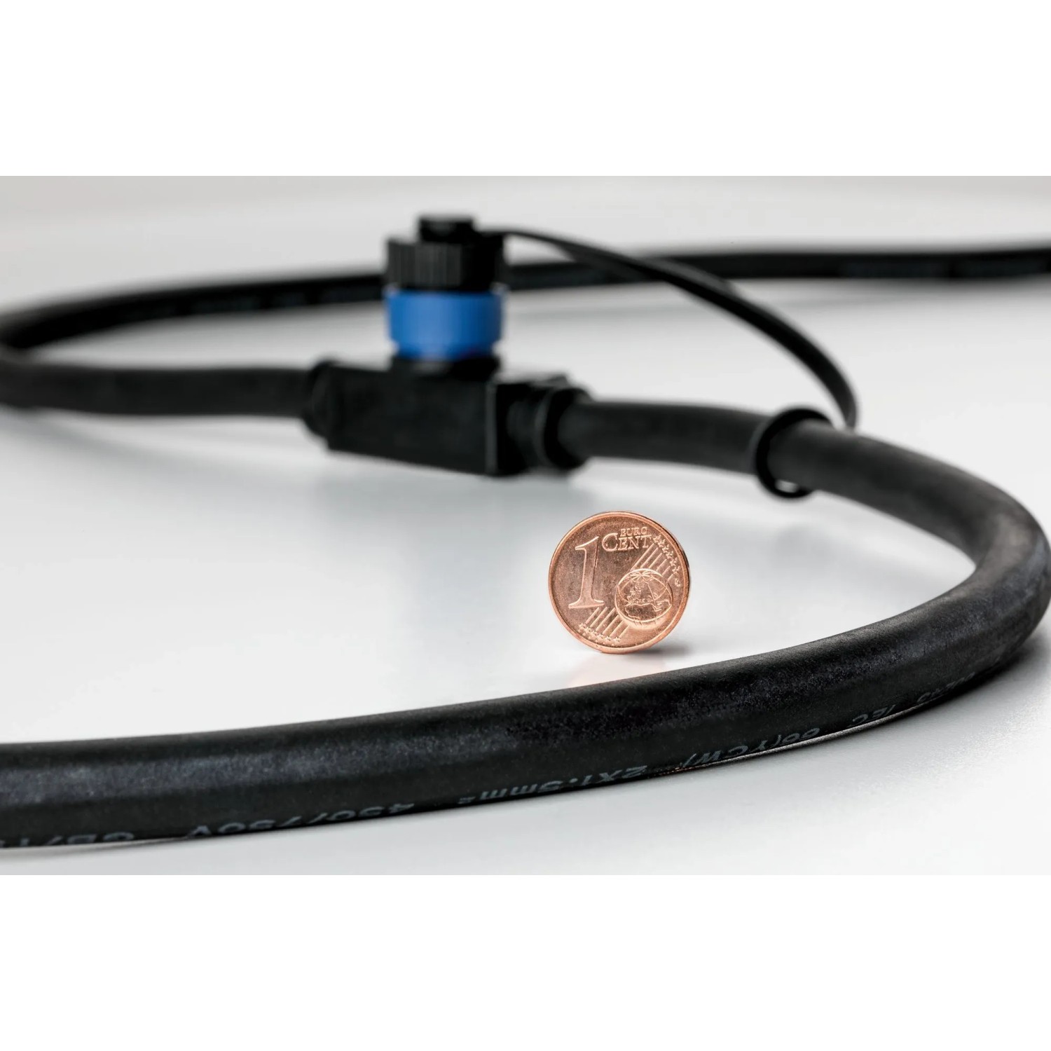 Detailaufnahme: Paulmann Plug & Shine Kabel mit Verteiler und 1-Cent-Münze als Größenvergleich.