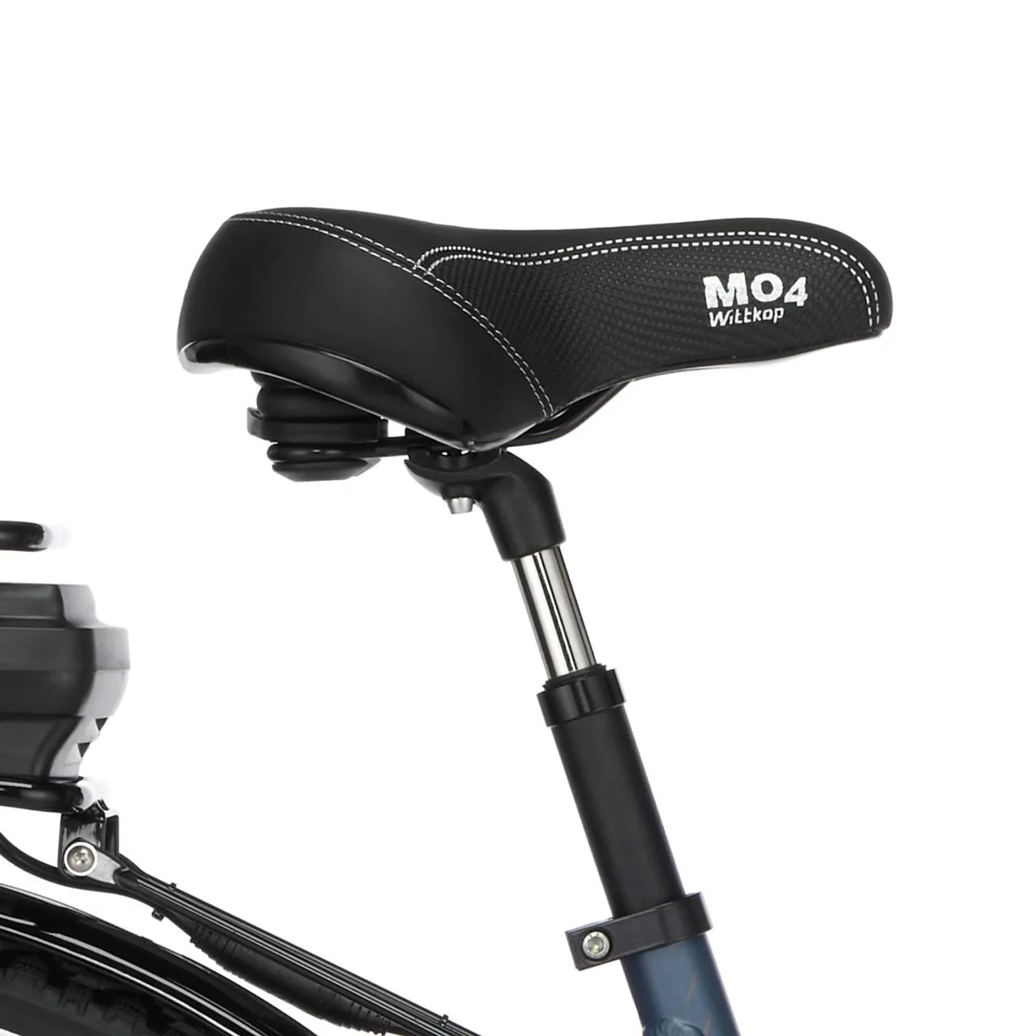 Detailaufnahme: Schwarzer Wittkop MO4 Sattel mit gefederter Sattelstütze am Fischer E-Bike City-Fahrrad.
