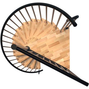 Minka Spindeltreppe Berlin Buche schwarz, Aufsicht. Innentreppe mit Holzstufen und schwarzem Geländer.