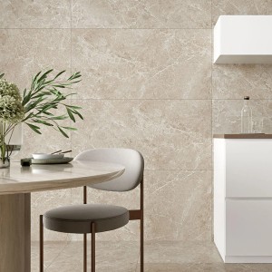 Beige Feinsteinzeug Bodenfliese Alvaro (59,8x119,8cm) im modernen Raum mit Esstisch und Küchenzeile.