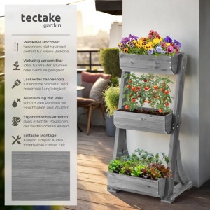 Graues Tectake Vertikalbeet Flora mit 3 Etagen aus Tannenholz, bepflanzt mit Blumen, Tomaten und Salat.