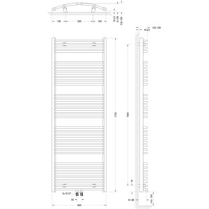 Technische Zeichnung: Schulte Design-Heizkörper Europa, 823 W, Anthrazit, mit Mittenanschluss und Maßangaben.