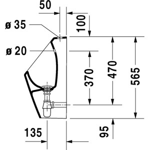 Technische Zeichnung Duravit D-Code Wandurinal, Maße und Anschlüsse für Installation.