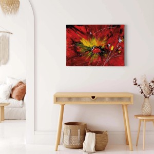 Leinwandbild mit abstraktem Blumenmotiv in Rot und Gelb für die Wanddekoration im Wohnzimmer.
