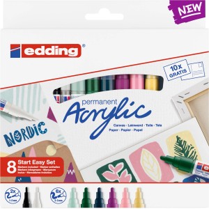 Edding Acryl-Einstiegsset Nordic mit 8 Acrylmarkern in verschiedenen Farben und Strichstärken.