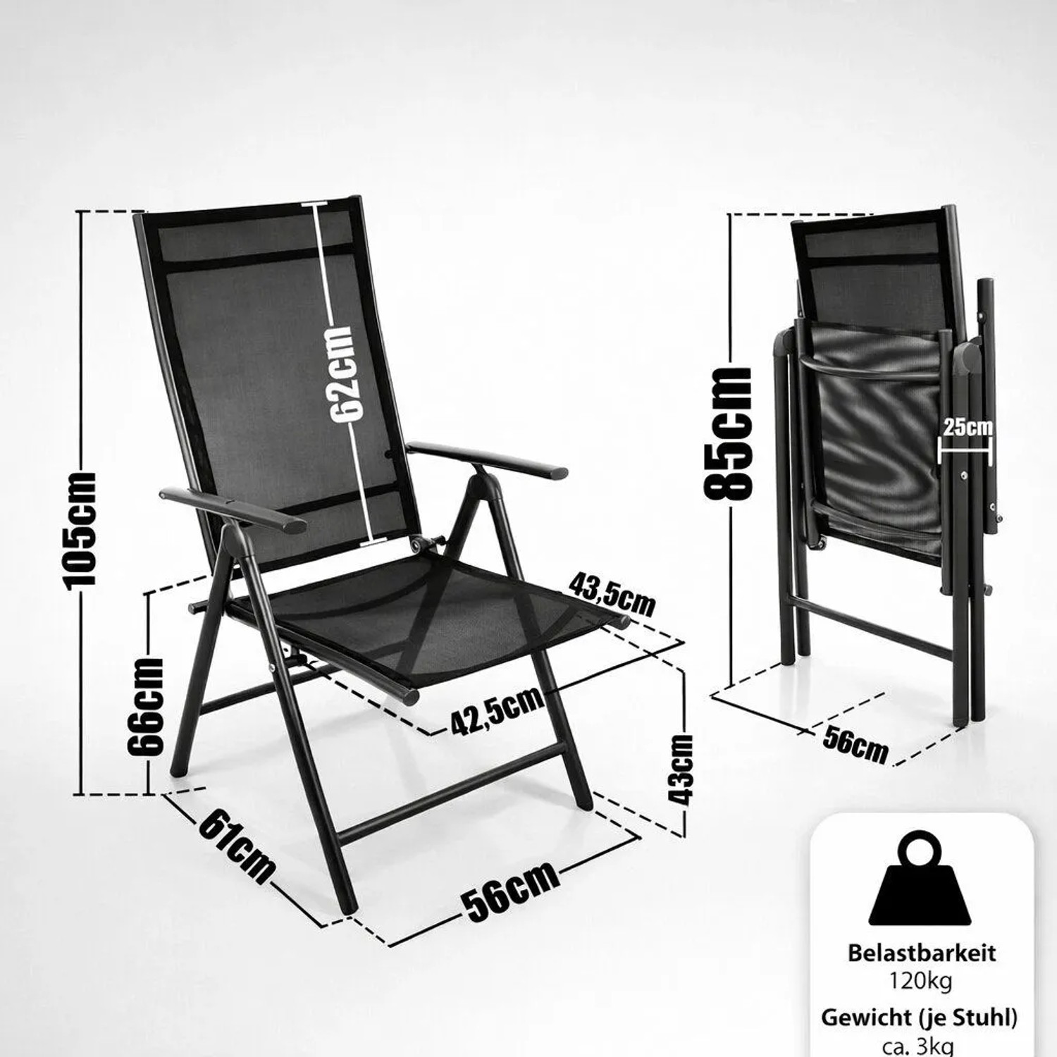 BigDean Gartenstuhl 2er Set, hochlehner, klappbar, schwarz, mit Maßangaben offen und geklappt.