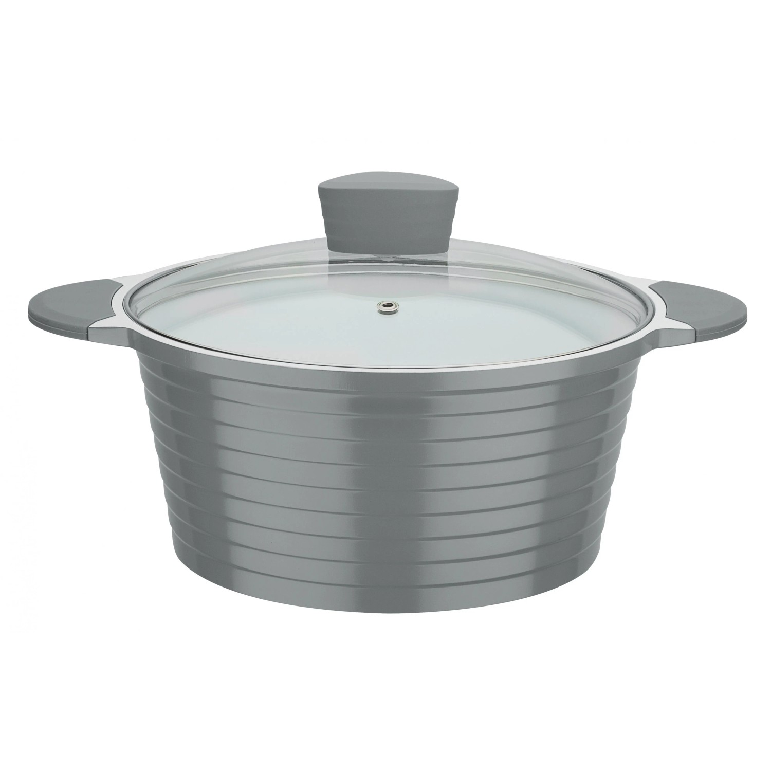 Grauer GSW Bolero Kochtopf aus Aluminium-Guss, 16 cm, mit Rillen, Glasdeckel und Silikongriffen. Induktionsgeeignet.