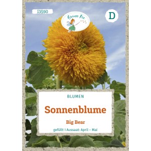 Saatgutpackung Grüne Fee Sonnenblume Big Bear mit gefüllter, gelber Blüte vor blauem Himmel.