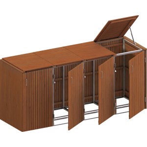 Mülltonnenbox System Binto Hartholz 4er Box mit Klappdeckel, teilgeöffnet.