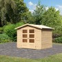 Unbehandeltes Karibu Holz-Gartenhaus Aesch mit Satteldach, 242x182 cm, im Garten.