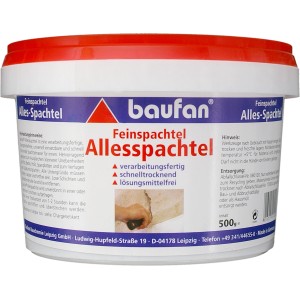 Baufan Allesspachtel 500g im Eimer, geeignet zum Ausgleichen von Unebenheiten auf Putz, Beton und Gipskartonplatten.