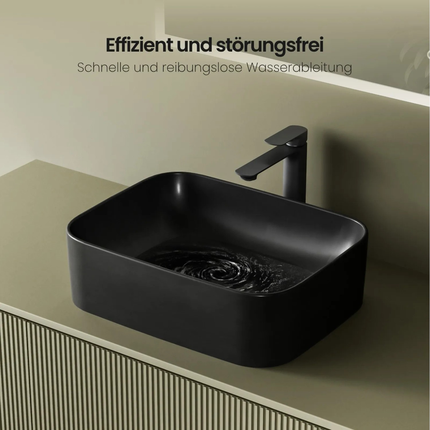 Rechteckiges, dunkelgraues Emke Aufsatzwaschbecken aus Keramik im Badezimmer.