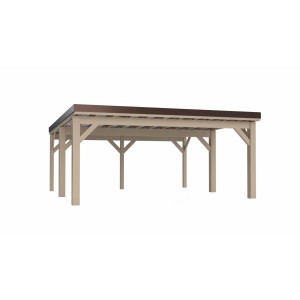 Holzbrüder Carport Ralf 36, Natur/Dunkelbraun, mit Flachdach und Holzpfosten. Carport für PKW.