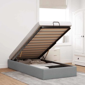 Hellgraues vidaXL Ottoman-Bett aus Stoff mit hochgeklappter Matratze, zeigt den Stauraum darunter. Ideal für Schlafzimmer.