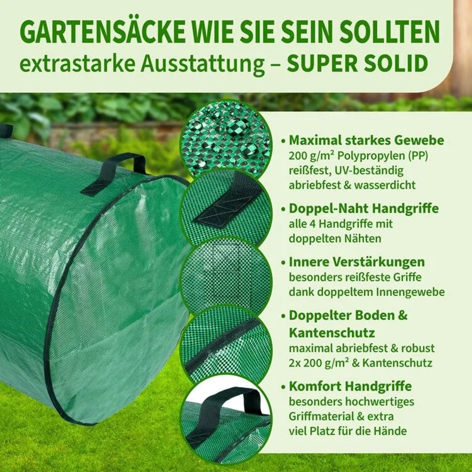 Grüner TTL GARDEN SUPER SOLID Gartensack, 272 L, aus 200 g/qm reißfestem Gewebe mit verstärkten Griffen für Gartenabfall.
