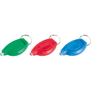 Schlüsselanhänger mit Taschenlampe in Grün, Rot und Blau. Praktisch für unterwegs.