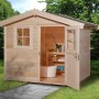 Naturbelassenes Gartenhaus 123 mit Satteldach, offener Tür und Fenster. Holz-Gartenhaus mit viel Platz.