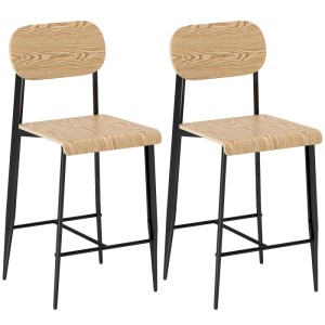 Zwei HOMCOM Barhocker im 2er Set. Barstühle mit Naturholzoptik-Sitzflächen, Rückenlehnen und schwarzen Metallgestellen.