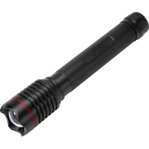 Schwarze LED-Stabtaschenlampe (5W) mit Metallgehäuse. Taschenlampe mit Fokus-, Standard- und Blinkfunktion.