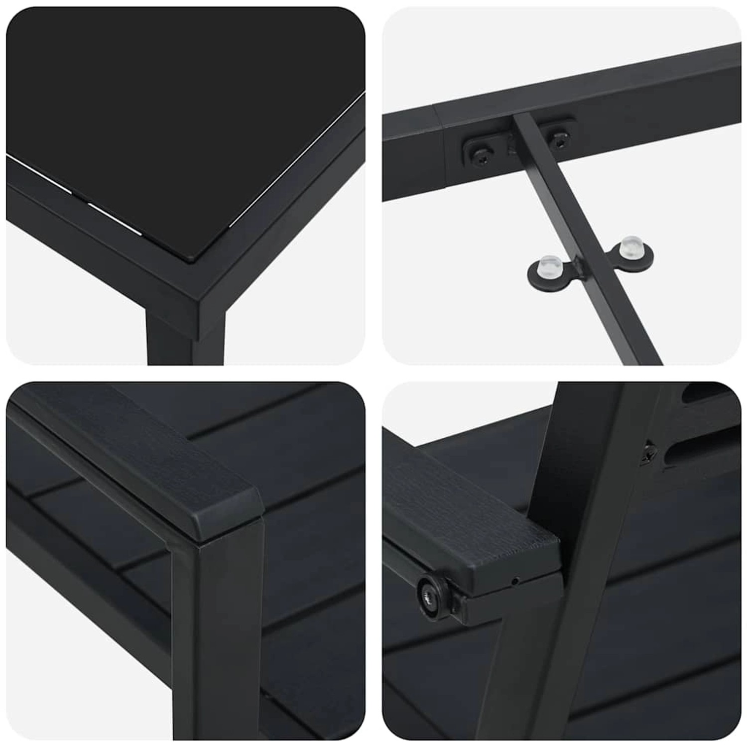 Detailansichten der schwarzen vidaXL Garten Essgruppe, 5-teilig, mit Tisch und Stühlen.