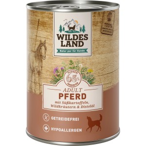 Wildes Land Hunde-Nassfutter Pferd, 400g Dose. Nassfutter mit Süßkartoffel und Distelöl.