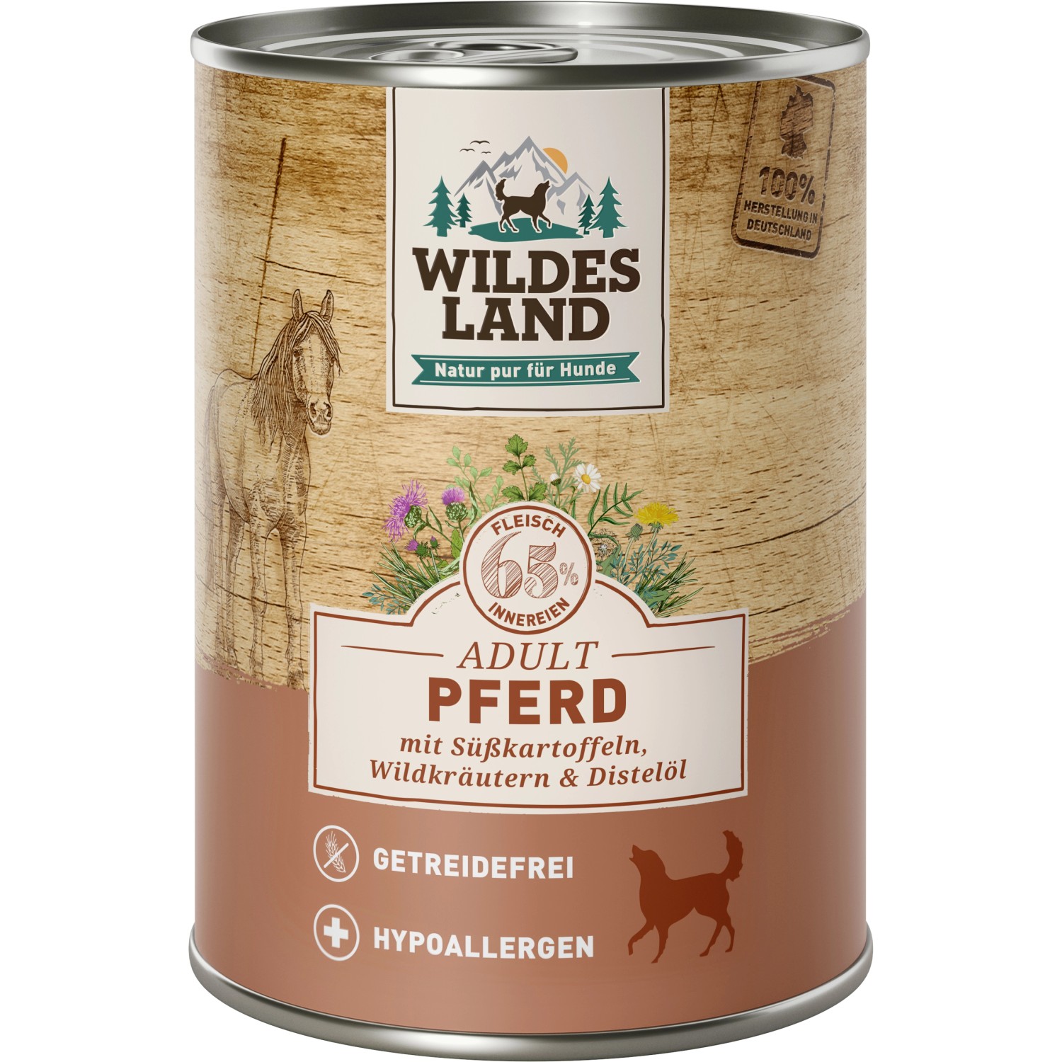 Wildes Land Hunde-Nassfutter Pferd mit Süßkartoffeln und Distelöl 400 g