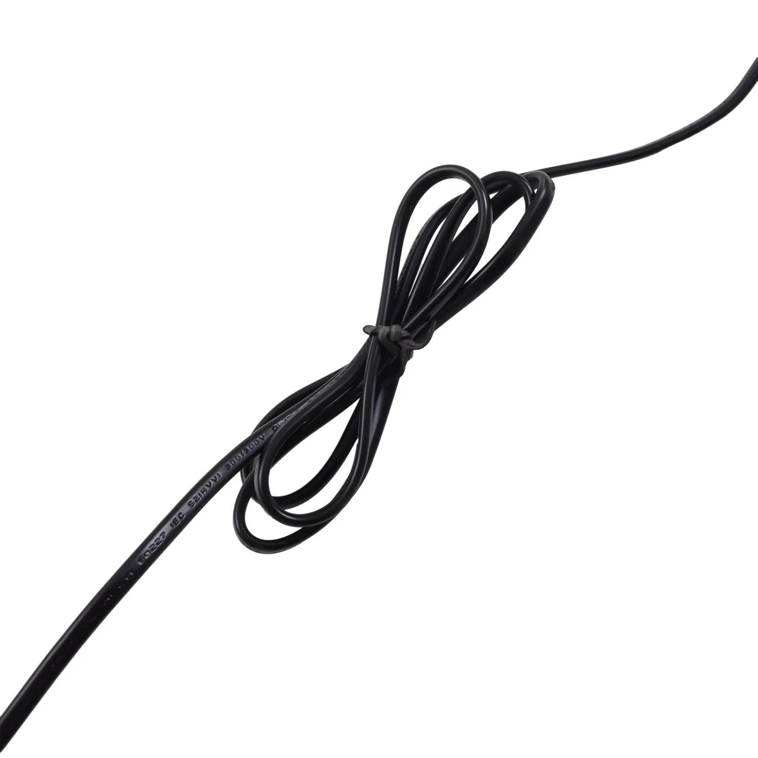 Schwarzes Kabel der Lucande Stehlampe Silka, aufgerollt und mit Kabelbinder fixiert.