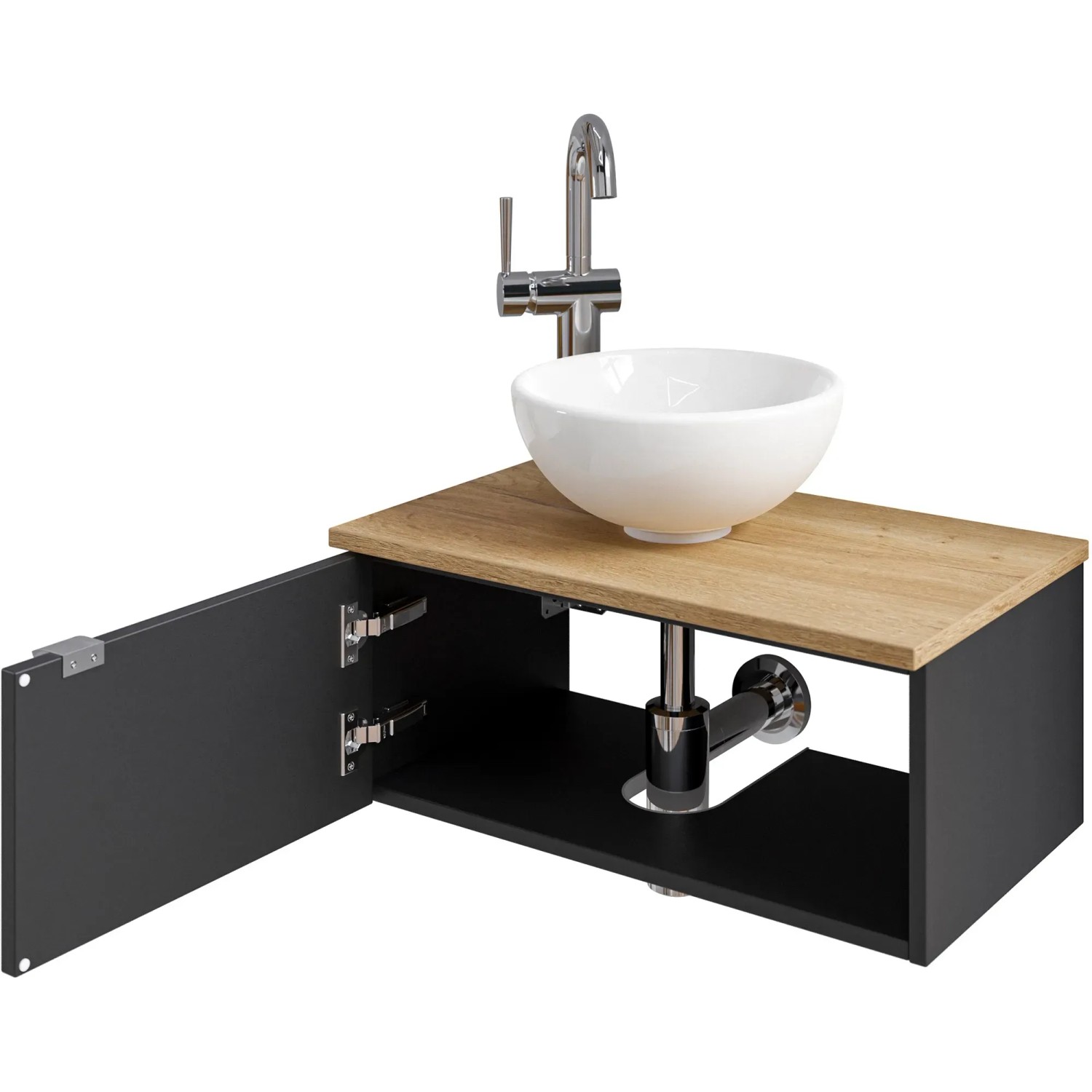 Pelipal Einzelwaschtisch Serie 6915, 61 cm, Schwarz, mit Keramikbecken und offenem Unterschrank.