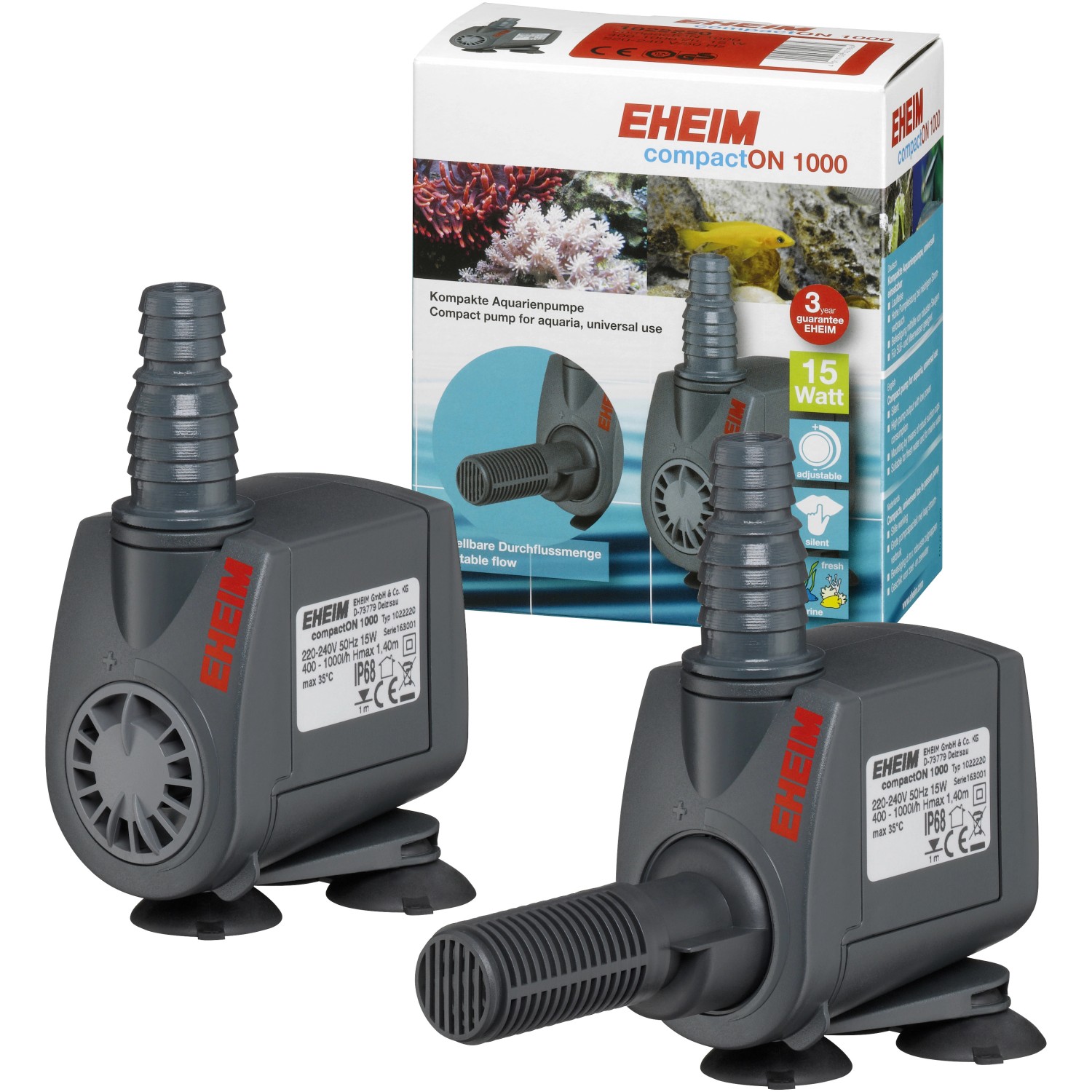 Eheim Aquarium-Pumpe CompactON 1.000, graue Aquarienpumpe mit Zubehör und Verpackung.