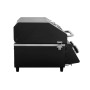 Schwarzer Taino Platinum Compact Gasgrill, seitlich. 2 Brenner, Edelstahlgriff, kompaktes Design für Camping.