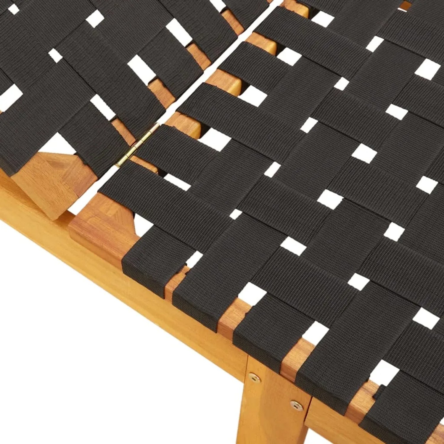 Detailansicht der schwarzen vidaXL Sonnenliege aus Akazienholz mit Stoffbespannung.