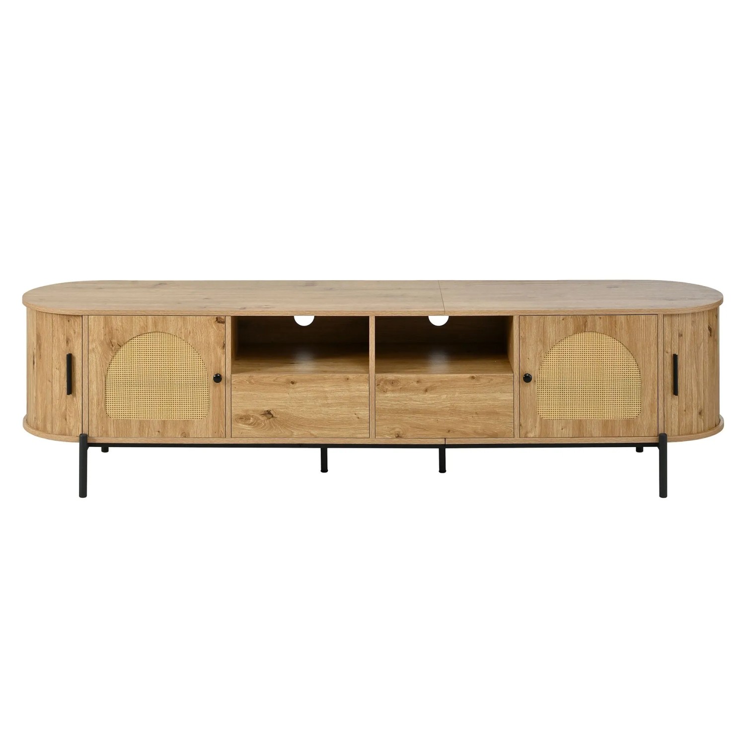 okwish TV Schrank Oval Rattan Schiebetür Schubladen Metallbeine Stauraum 200x40x49.5cm Natur