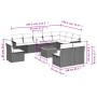 Beige 11-teilige Garten-Sofagarnitur aus Polyrattan mit Kissen und Tisch, Maße eingezeichnet.